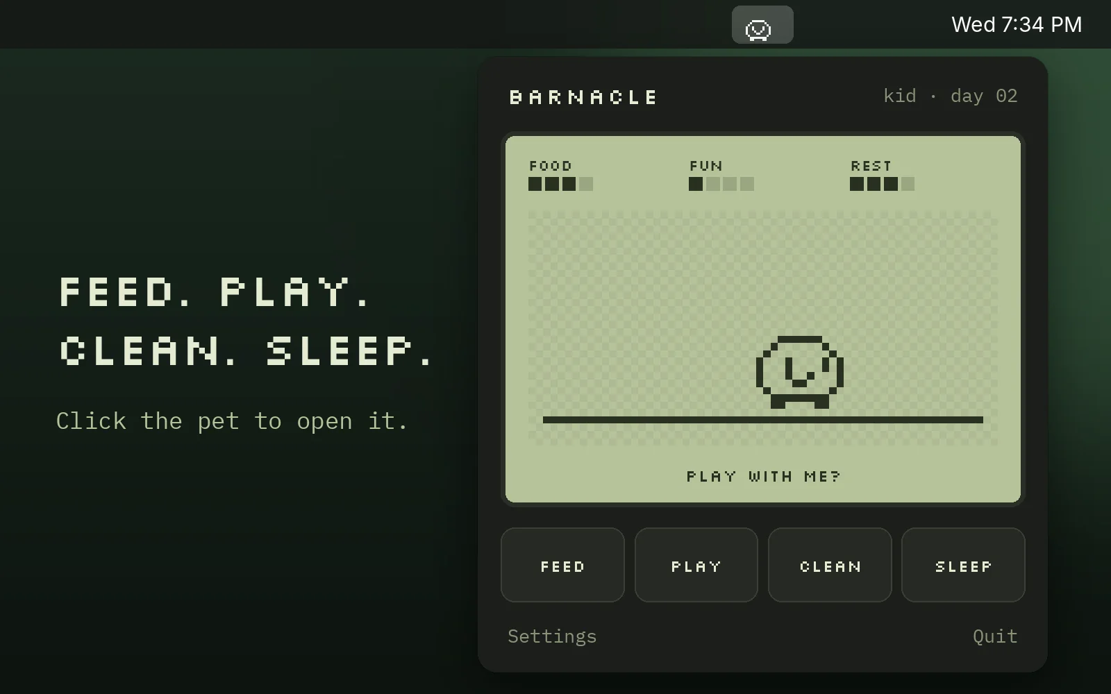 Barnacle’s handheld screen as a kid on day 2, with food, fun and rest meters and Feed, Play, Clean and Sleep buttons.