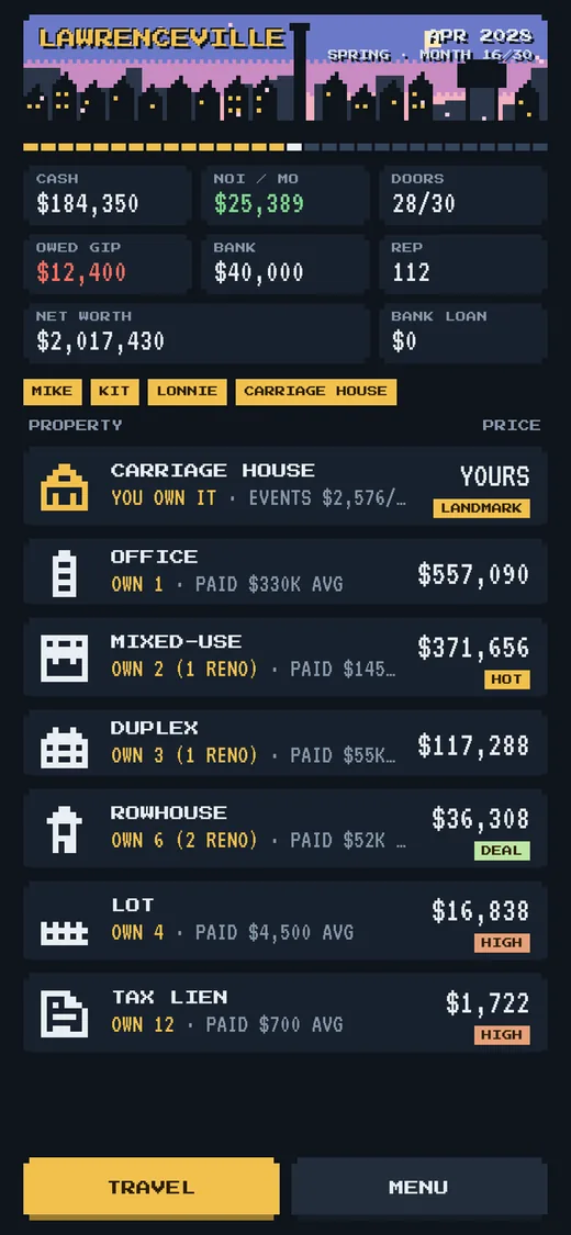 Deed Wars game screen in Lawrenceville showing cash, rent income, net worth and a list of properties
