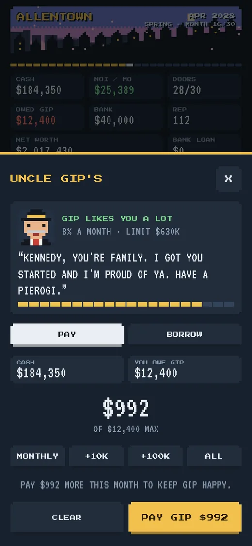 Uncle Gip’s screen: Gip likes you a lot, with pay and borrow options