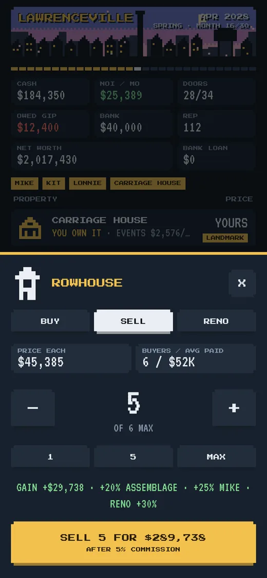 Selling five rowhouses with assemblage, Mike and renovation bonuses