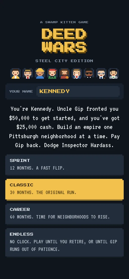 Start screen: enter your name and pick Sprint, Classic, Career or Endless