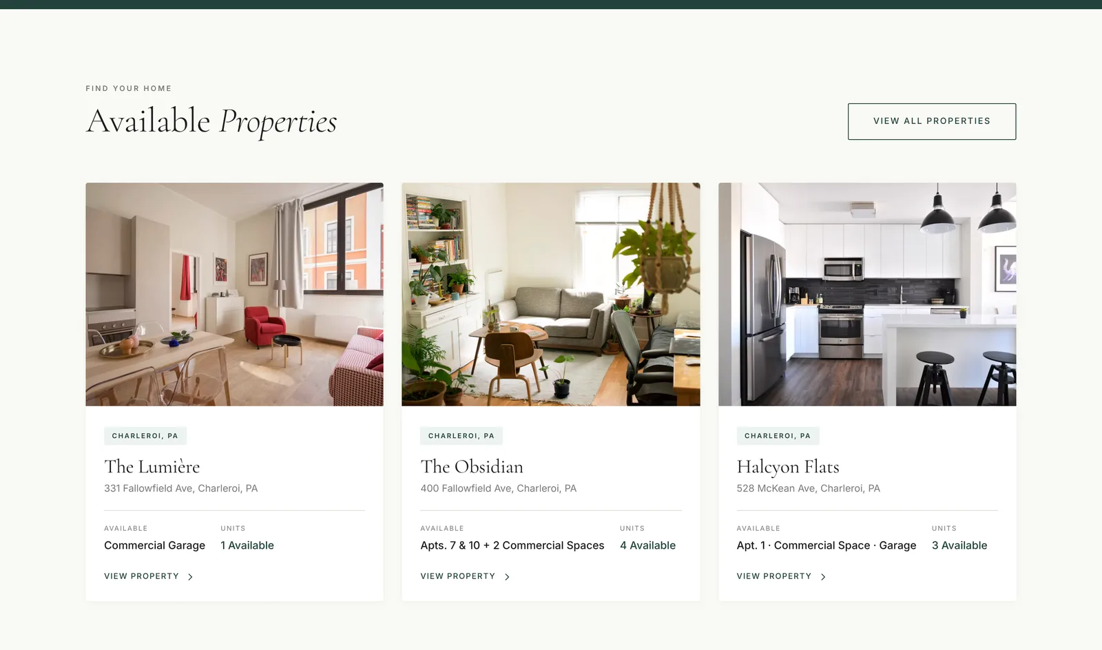 Available properties: The Lumière, The Obsidian and Halcyon Flats