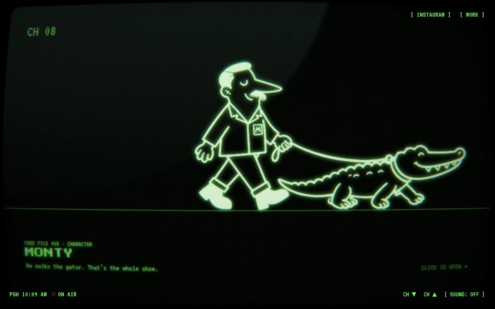 Channel 8 on the Swamp Kitten TV: Monty walks an alligator on a leash, drawn in glowing green lines