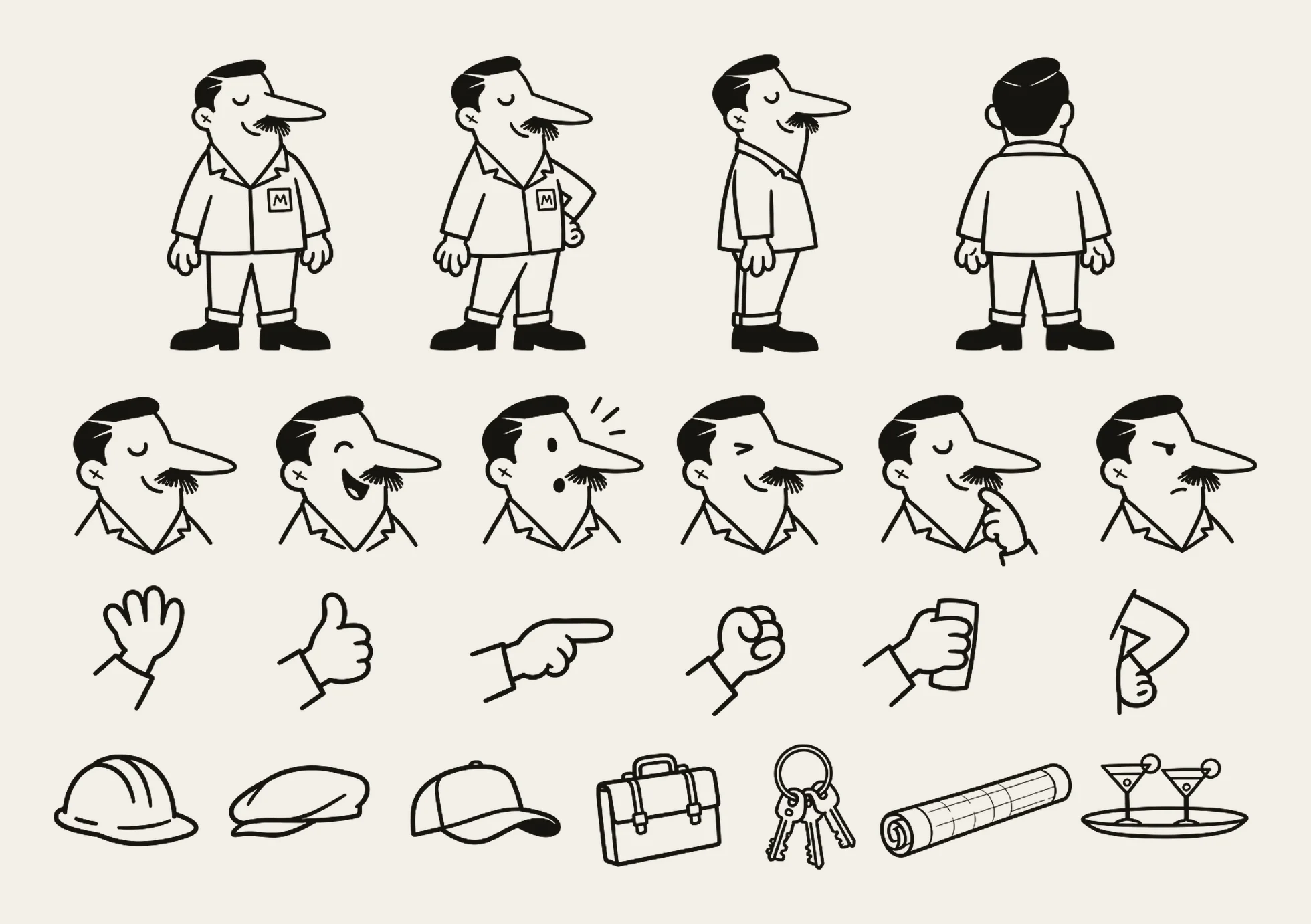 Monty's model sheet: front, three-quarter, side and back views; six expressions; six hand poses; and his hats and props, from a hard hat to a tray of martinis