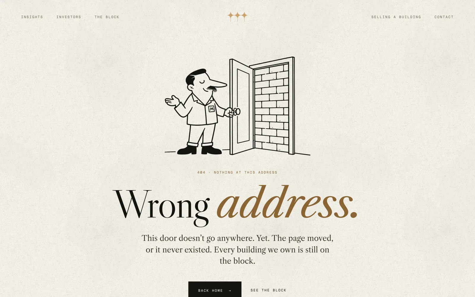 The Monval Capital 404 page: Monty politely holds open a door that opens onto a brick wall, above the headline Wrong address.