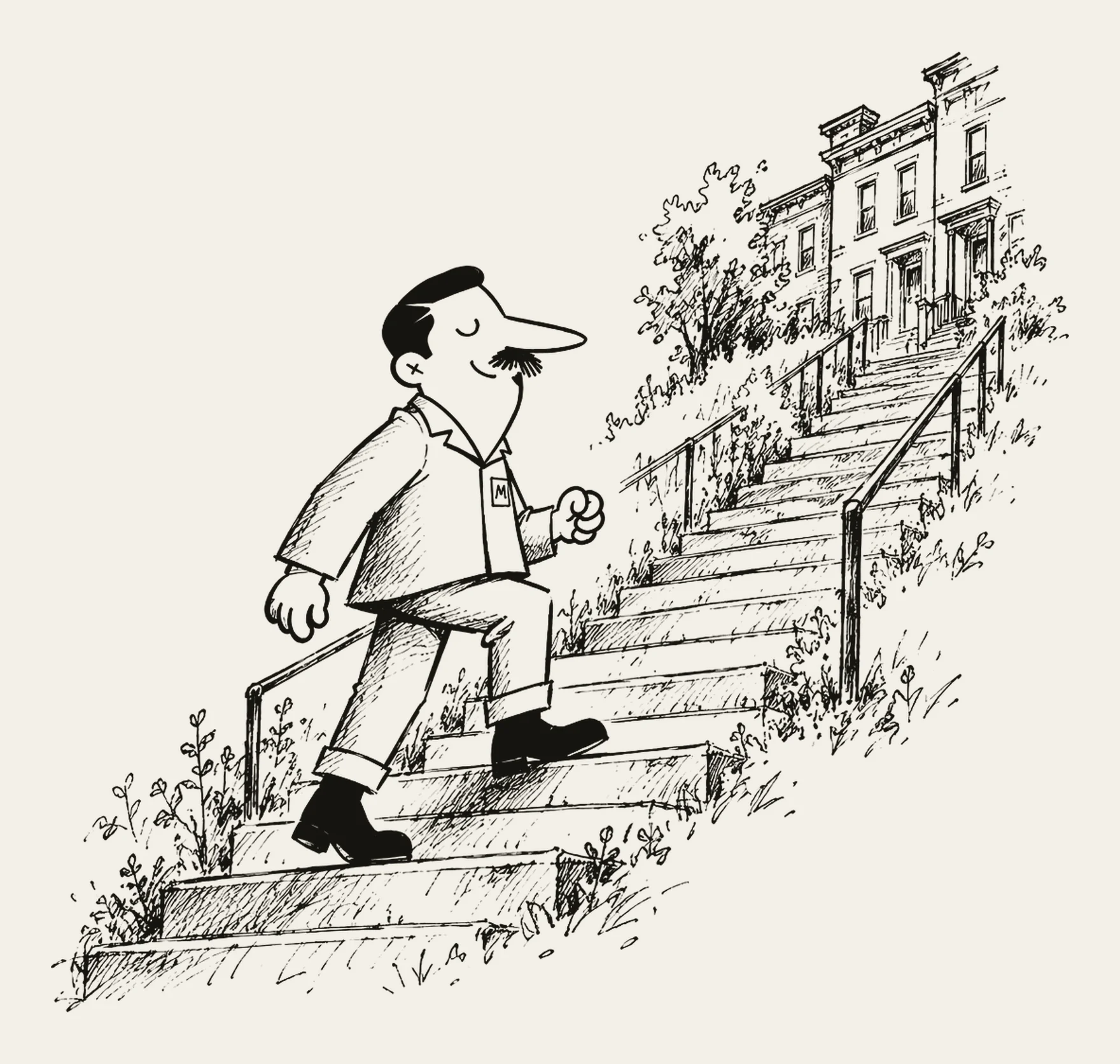 Monty climbing overgrown Pittsburgh city steps toward a row of Italianate rowhouses, drawn in pen with hatching
