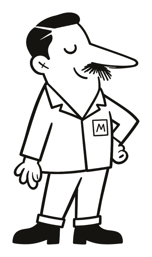 Monty: a tall, calm man with a long pointed nose, closed eyes, a brush moustache and a work jacket with an M patch, one hand on his hip