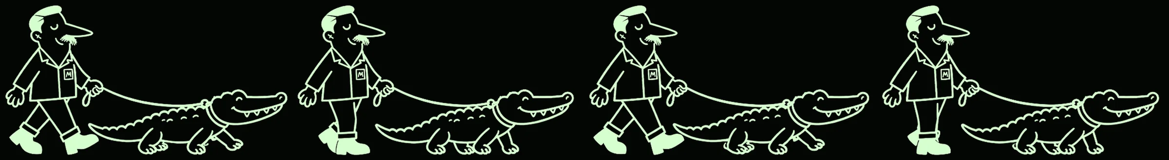 Four frames of Monty and the gator walking, side by side