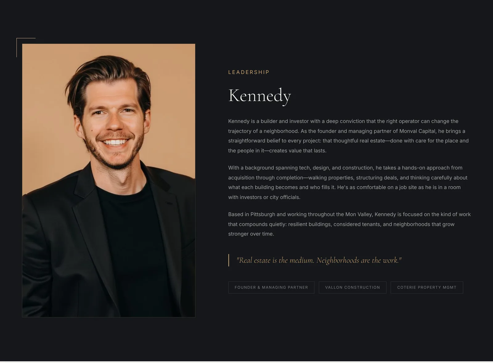 Leadership section with a portrait and bio