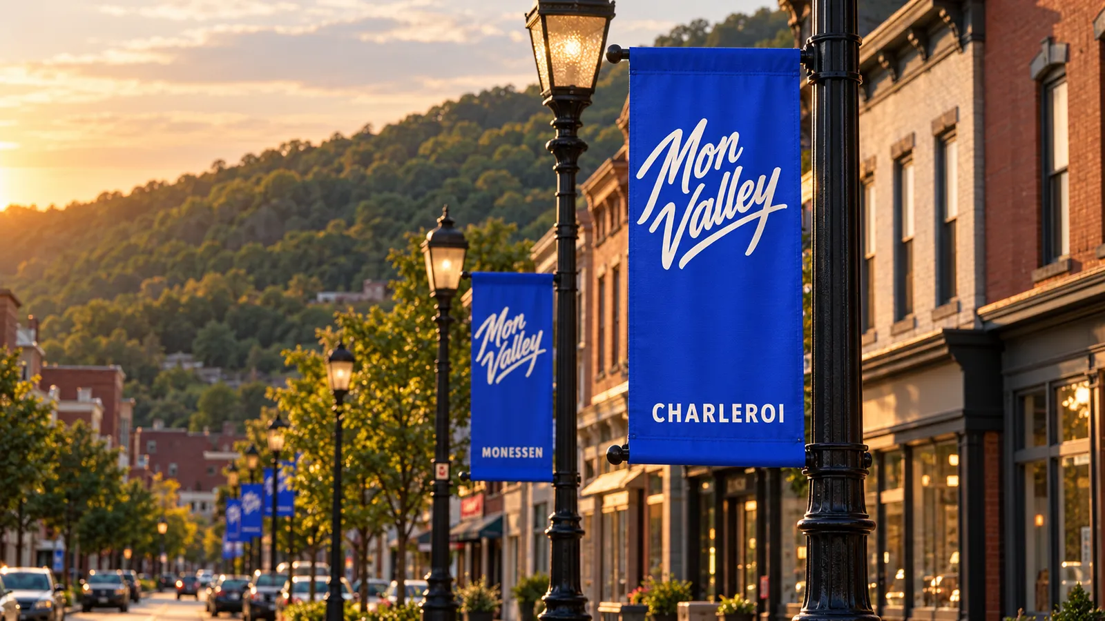 Blue Mon Valley banners on the street lamps of a brick main street at sunset, labeled Charleroi and Monessen