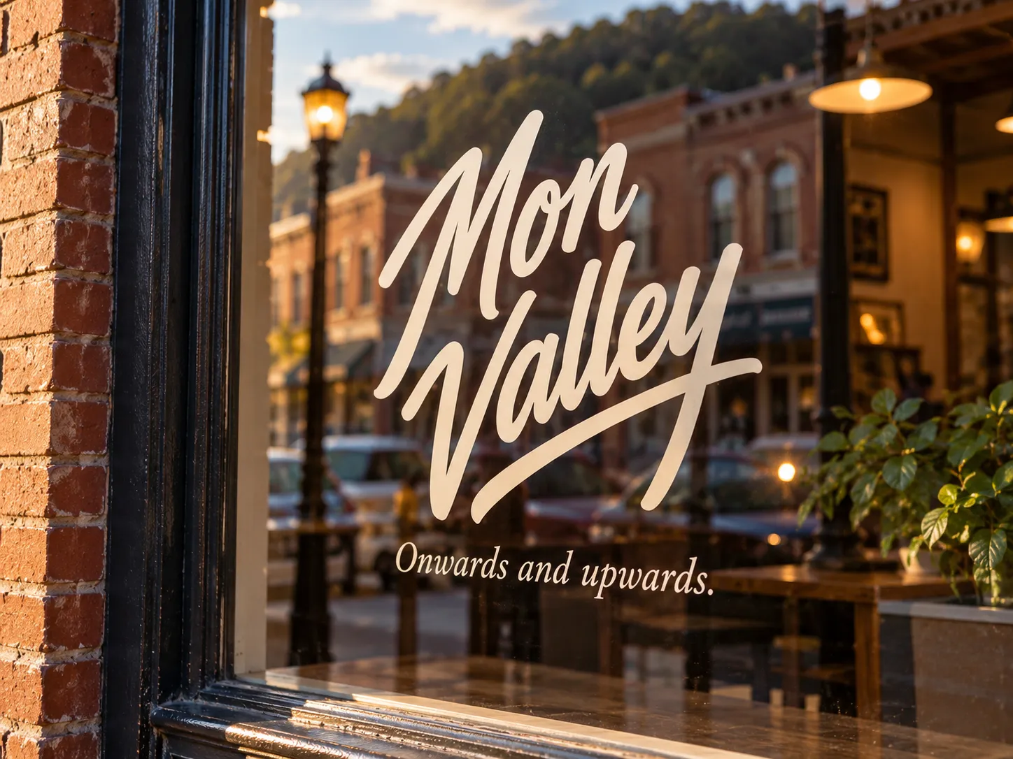 The Mon Valley logo and Onwards and upwards painted in cream on a storefront window