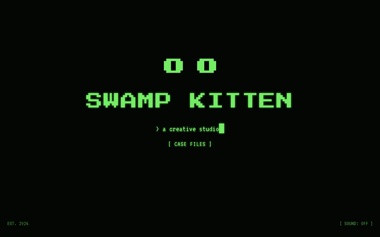 The Swamp Kitten homepage: two pixel gator eyes above the name and a link to the case files