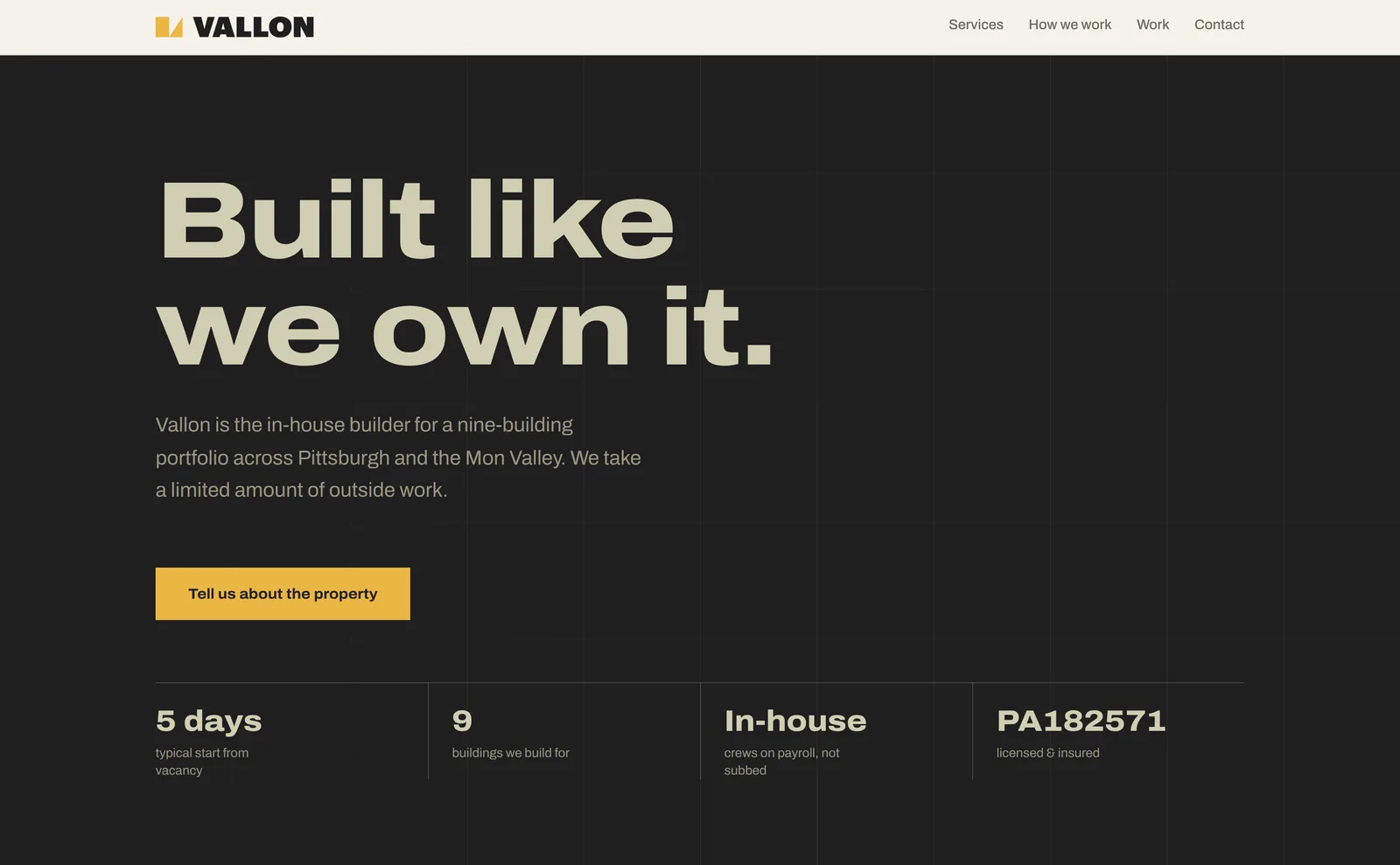 Vallon homepage: Built like we own it.